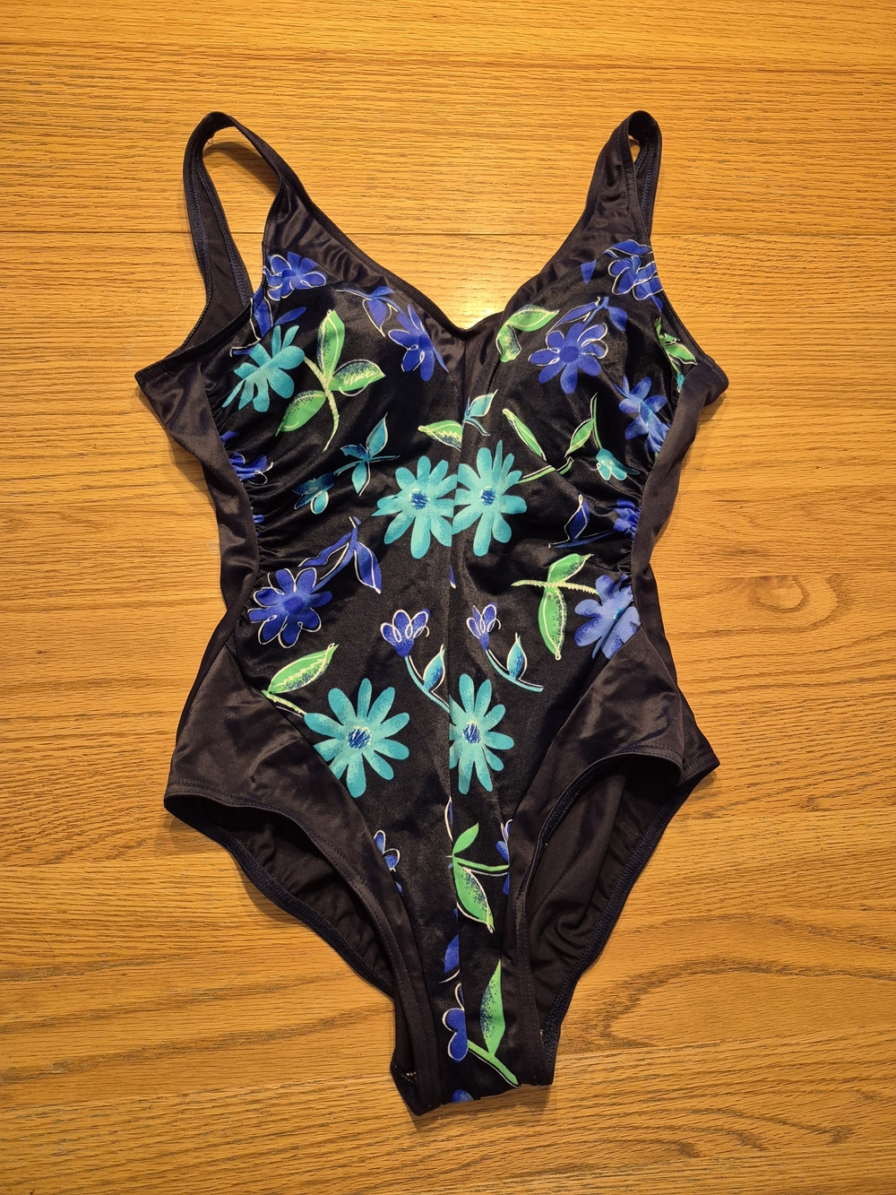 Women's Blue Floral One-Piece Swimsuit - Blue & Green Flowers
